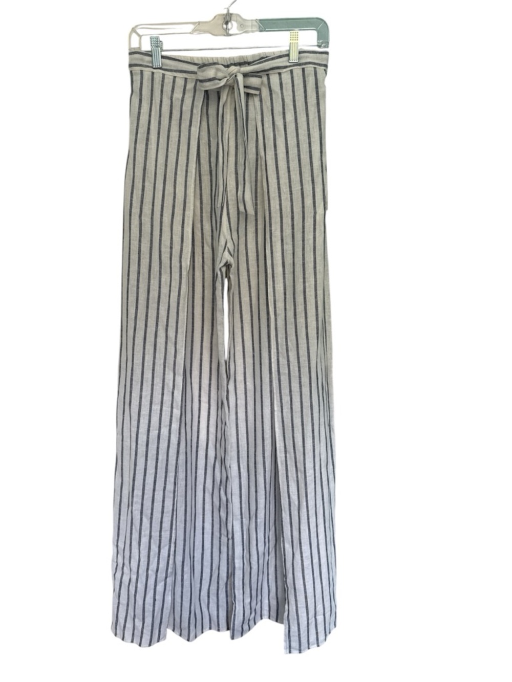 Wide Leg wrap around linen style Tie-Waist Pants in Light Gray Stripe